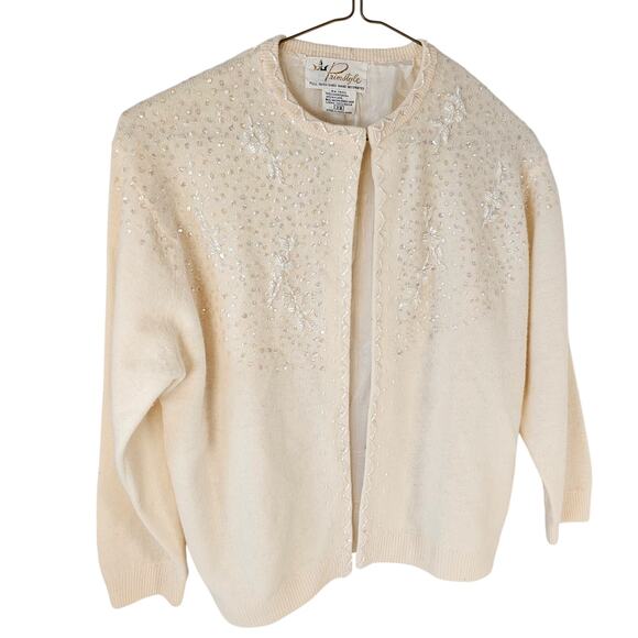 Vintage Beaded Cardigan Sweater Primstyle 38 Cream Angora Wool Sequin Hong Kong - Picture 5 of 16